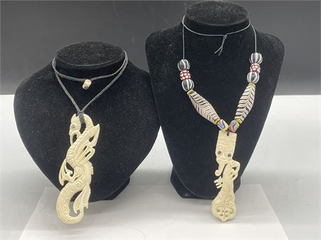 2 LOCAL FIRST NATIONS HANDMADE NECKLACE W/ BEADS & BONE PENDANTS 5” & 4” + CASE