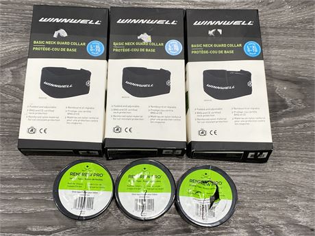NEW - 3 PAIRS OF WINNWELL NECK GUARDS + 3 HOCKEY TAPES