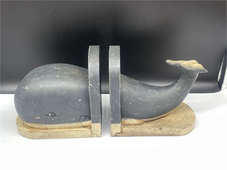 LARGE WOODEN WHALE BOOKENDS - 19” LONG