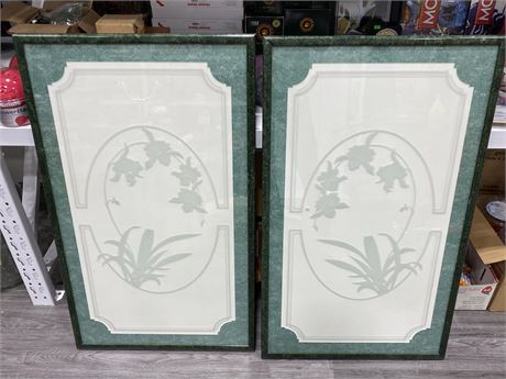 2 LARGE HEAVY GLASS ETCHED FRAMED PICTURES (24.5”x41”)