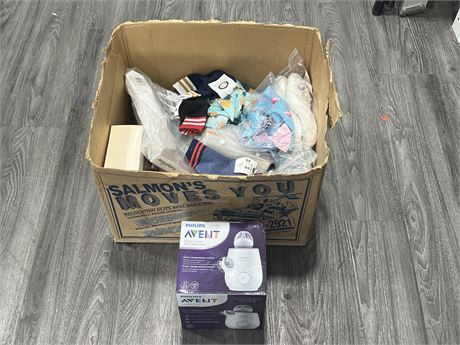 NEW BABY BOTTLE WARMER + BOX OF MISC BABY ACCESSORIES