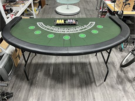COLLAPSABLE BLACK JACK TABLE W/CHIPS (78” wide, 38” tall)