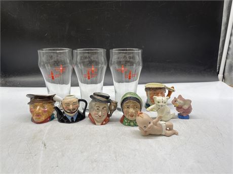 3 125 YEAR ANNIVERSARY COKE GLASSES & 8 SMALL COLLECTABLES