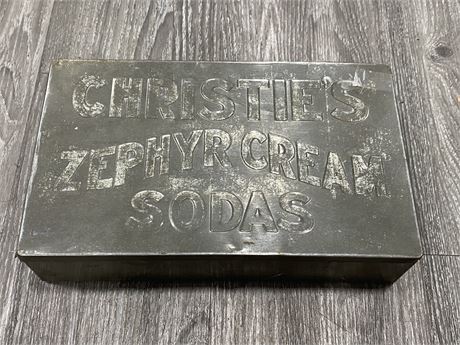 VINTAGE METAL CHRISTIES ZEPHYR CREAM SODA TIN BOX (11.5”X3”)