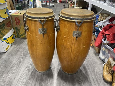 PAIR OF CONGO DRUMS 1 SKIN DAMAGED (LARGEST 14”x30”)