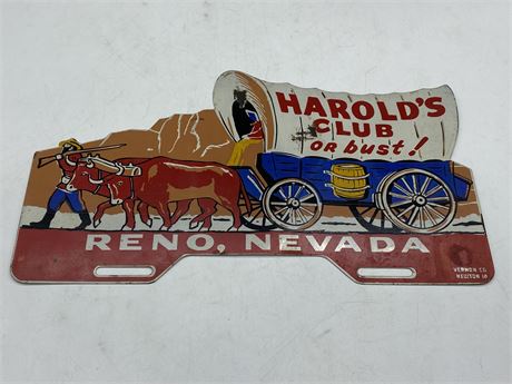 RARE 1950s HAROLD’S CLUB OR BUST RENO, NEVADA LICENSE PLATE TOPPER (14”X8”)