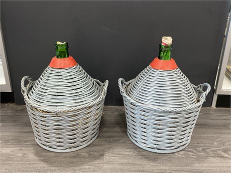 2 WICKER COVERED WINE BOTTLES (18” tall)