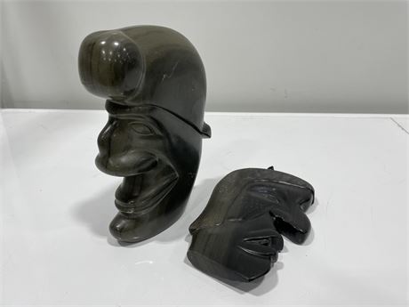 2 SIGNED SOAP STONE FIGURES 7”-8.5”