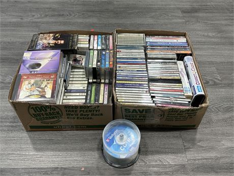 2 BOXES OF CLASSICAL CDS, CASSETTES & SOME DVDS