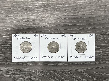 (3) 1947 CANADIAN $.05 MAPLE LEAF