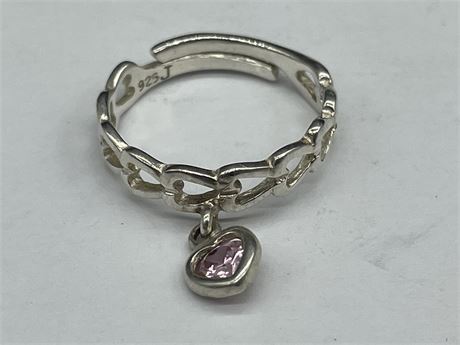 925 HEARTS RING WITH AMETHYST DANGLING HEART - ADJ. FROM 4.5