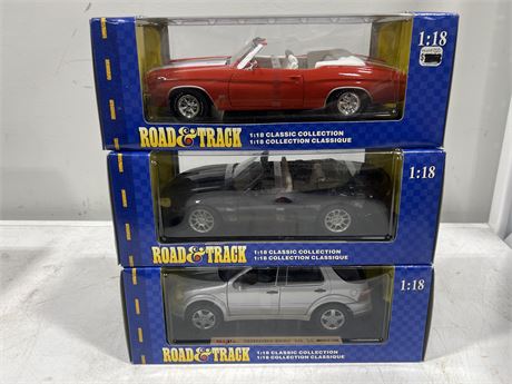 (3) 1:18 SCALE ROAD TRACK DIECAST CARS IN BOX