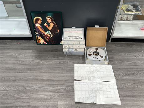 5 VINTAGE LOVERBOY RECORDING REELS W/ FRAMED PIC - PICTURE IS 21”x16”