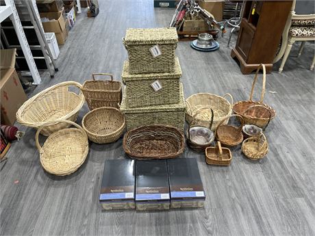 3 NEW WICKER STACKING BASKETS W/ 3 SEALED MEMORY BOXES & VINTAGE BASKETS