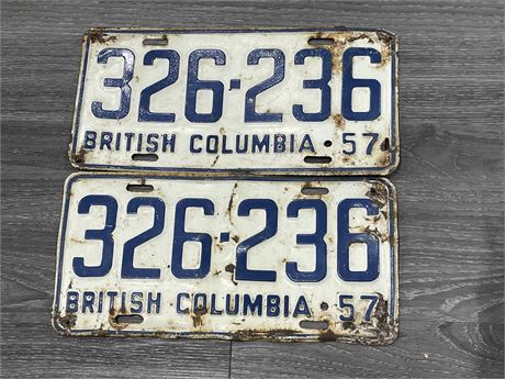 2 1957 IDENTICAL BRITISH COLUMBIA LICENSE PLATES