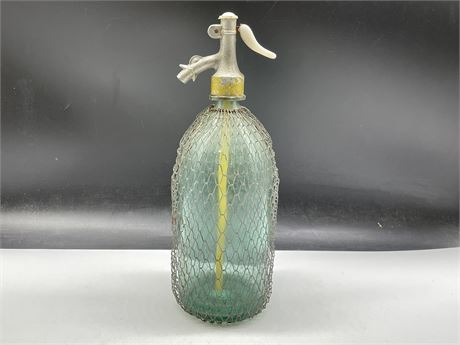 ANTIQUE SELTZER BOTTLE WITH WIRE MESH - TURQUOISE GLASS