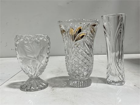 3 SMALL CRYSTAL VASES LARGEST 7”