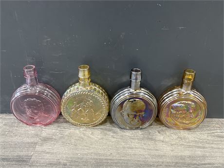 4 VINTAGE CARNIVAL / DEPRESSION GLASS DECANTERS - 8” TALL
