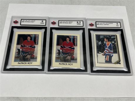 3 KSA GRADED NHL CARDS - 2 PATRICK ROY MINIS & PAUL COFFEY STICKER