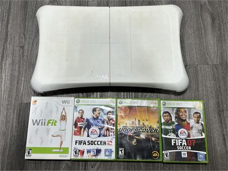 WII FIT BOARD, GAME & 3 XBOX 360 GAME