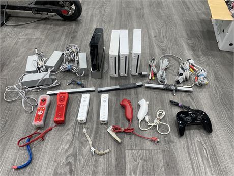 4 WII CONSOLES COMPLETE W/ CORDS & 4 CONTROLLERS (MISSING 1 MOTION SENSOR)