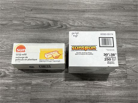 250 NEW SUNSPUN GARBAGE BAGS & 2000FT OF ALL PURPOSE WRAP REFILL