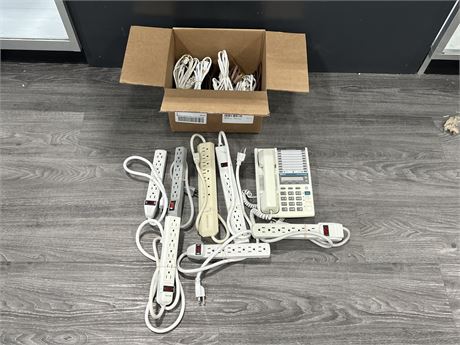 LOT OF POWER CORDS, EXTENSION CORDS & OLD PHONE