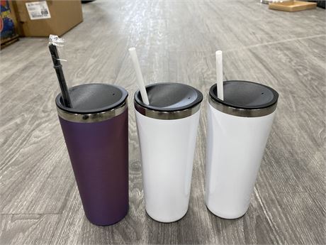 3 NEW STAINLESS STEEL TUMBLERS 8” TALL