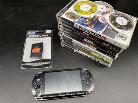 PSP & 12 PSP GAMES (New battery, no charger)