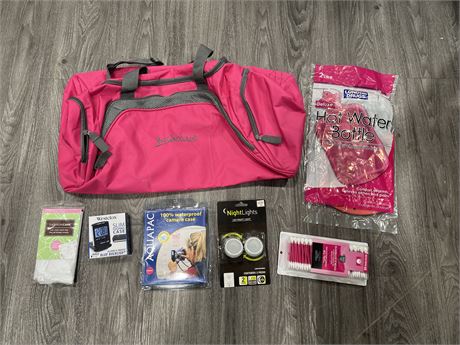 LOT OF NEW MISC ITEMS - BAG, HOT WATER BOTTLE, CLOCK & ECT