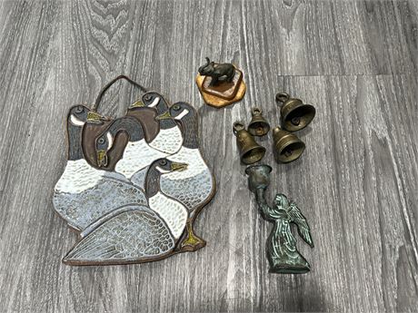 4 SMALL BRASS BELLS, CERAMIC GEESE TILE & ECT - BELLS ARE 2”
