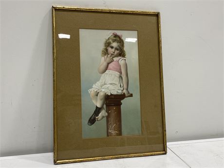 1880-90s AMERICAN LITHOGRAPH OF YOUNG GIRL ON PEDESTAL - RARE (15”x20”)