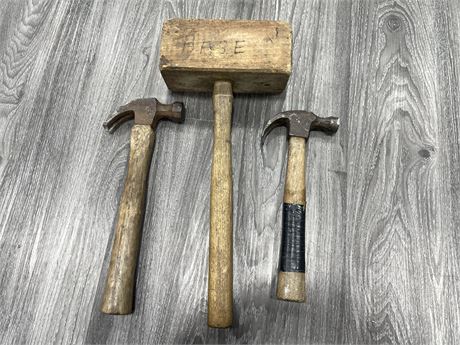 3 VINTAGE HAMMERS - ONE WOODEN STAMPED C.P.R. ON HANDLE 1940’S