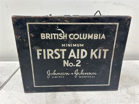 VINTAGE WALL MOUNT FIRST AID KIT BOX BY JOHNSON & JOHNSON - 9.5” X 7”