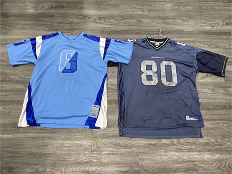 SEATTLE SEAHAWKS RICE JERSEY (2XL) & BLUE MECCA JERSEY (BOTH HAVE SOME STAINS)