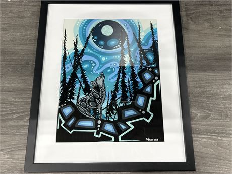 FRAMED/SIGNED INDIGENOUS STYLE WOLF PRINT - 16” X 19”