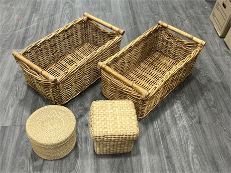 4 WOVEN BASKETS - LARGE ONES ARE 14”x25”