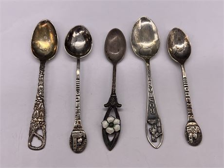 5 STERLING COLLECTOR SPOONS - 54 GRAMS