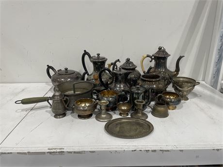 SILVER PLATED ITEMS INCL: SHEFIELD, W.A. ROGERS, ETC & VINTAGE FOLEY FOOD MILL