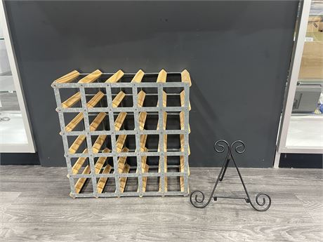 METAL & WOOD WINE RACK 20”x20” + WROUGHT IRON PICTURE STAND