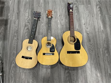 3 MEDIUM / SMALL SIZED ACOUSTIC GUITARS - NEED STRINGS, SOME WORK