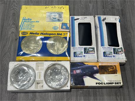 LOT OF NEW OLD STOCK AUTOMOTIVE HEAD LIGHTS / MIRRORS