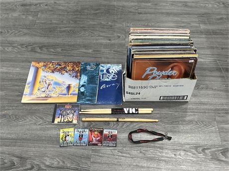 BOX OF ASSORTED RECORDS - CONDITION VARIES + ROCK N ROLL MERCHANDISE
