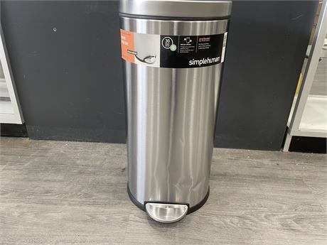 LIKE NEW SIMPLEHUMAN 30 LITER ROUND STEP CAN (HAS DENTS AT BOTTOM) 12”x25”