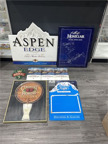 LOT OF MISC BEER / ALCOHOL SIGNS, PICTURES & ADS (ASPEN EDGE 24”x28”)