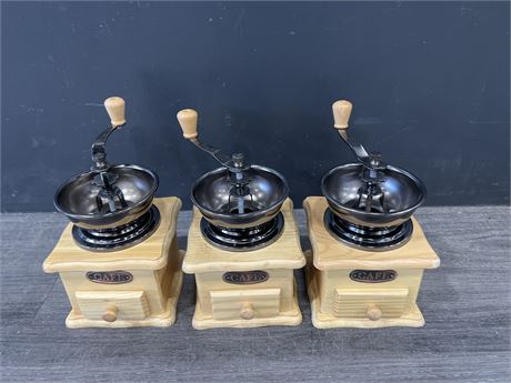 3 NEW “CAFE” COFFEE GRINDERS - 5”x5”