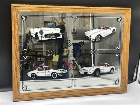 VINTAGE CORVETTE 25TH ANNIVERSARY FRAMED MIRROR 24”x18” (MADE IN CANADA)