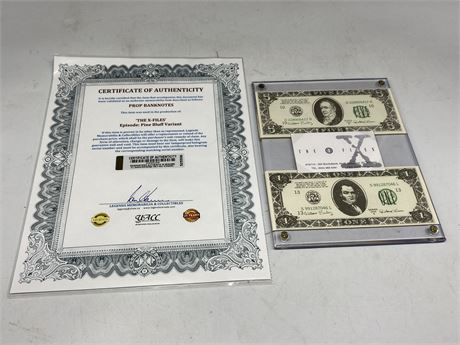 X-FILES SET USED PROP BANKNOTES FROM SEASON 5 EPISODE PINE BLUFF VARIANT W/COA