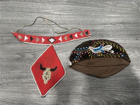 VINTAGE FIRST NATIONS BEAD WORK CAP & NECKLACE