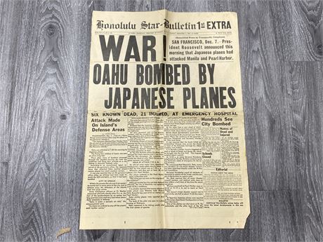 1941 HONOLULU NEWS PAPER COVER - WAR!